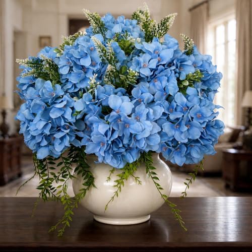 Pre-Arranged Blue Hydrangea Artificial Flowers with Greenery, UV Resistant in 6 Blue