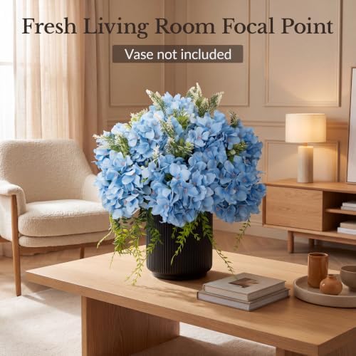 Pre-Arranged Blue Hydrangea Artificial Flowers with Greenery, UV Resistant in 6 Blue, alternate view 2