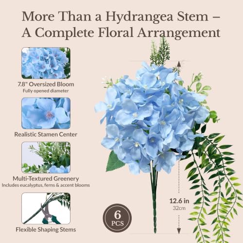 Pre-Arranged Blue Hydrangea Artificial Flowers with Greenery, UV Resistant in 6 Blue, alternate view 3