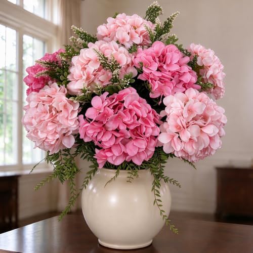Pre-Arranged Pink Hydrangea Artificial Flowers with Greenery, UV Resistant in Pink Mix