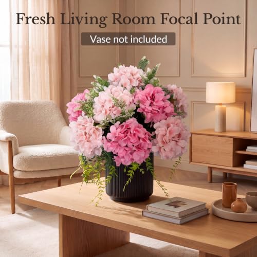 Pre-Arranged Pink Hydrangea Artificial Flowers with Greenery, UV Resistant in Pink Mix, alternate view 2