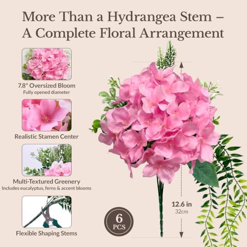Pre-Arranged Pink Hydrangea Artificial Flowers with Greenery, UV Resistant in Pink Mix, alternate view 3