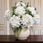 Pre-Arranged White Hydrangea Artificial Flowers with Greenery, UV Resistant in 6 White