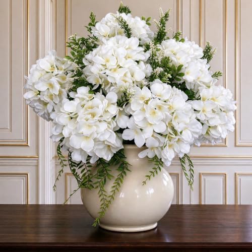 Pre-Arranged White Hydrangea Artificial Flowers with Greenery, UV Resistant in 6 White