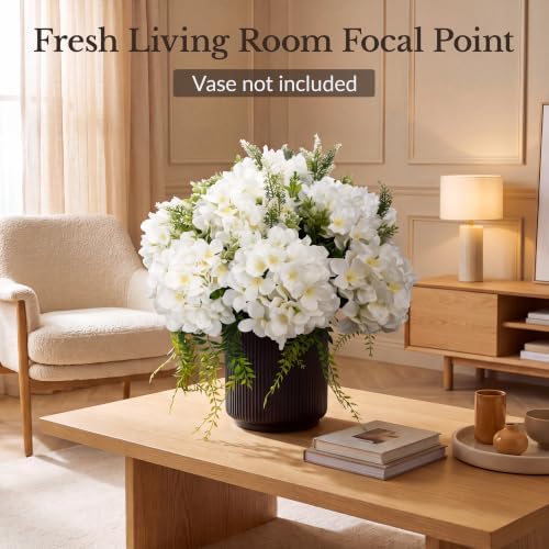 Pre-Arranged White Hydrangea Artificial Flowers with Greenery, UV Resistant in 6 White, alternate view 2