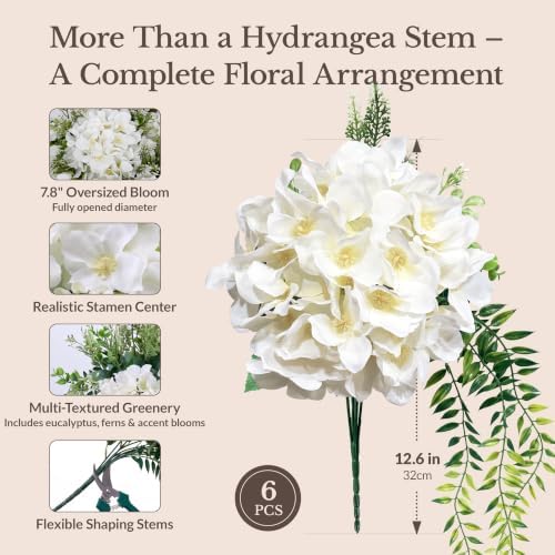 Pre-Arranged White Hydrangea Artificial Flowers with Greenery, UV Resistant in 6 White, alternate view 3