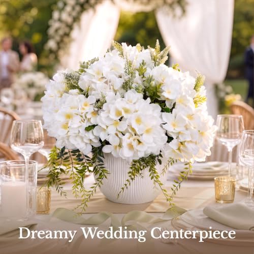 Pre-Arranged White Hydrangea Artificial Flowers with Greenery, UV Resistant in 6 White, alternate view 6