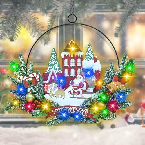 Pre-Lit Christmas Wreath for Front Door,16.5Inch, 6H On/18H Off Timer in Santa Claus-multicolor