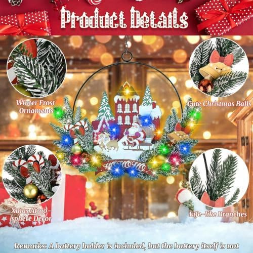 Pre-Lit Christmas Wreath for Front Door,16.5Inch, 6H On/18H Off Timer in Santa Claus-multicolor, alternate view 3
