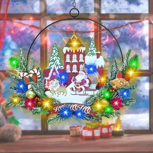 Pre-Lit Christmas Wreath for Front Door,16.5Inch, 6H On/18H Off Timer in Santa Claus-multicolor, alternate view 4