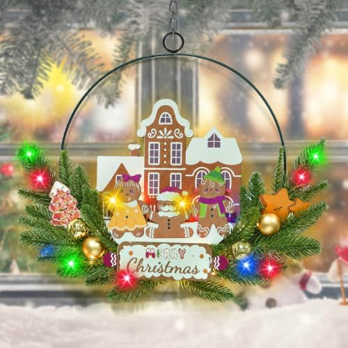 Pre-Lit Christmas Wreath for Front Door, Gingerbread with 6H On/18H Off in Gingerbread-multicolor