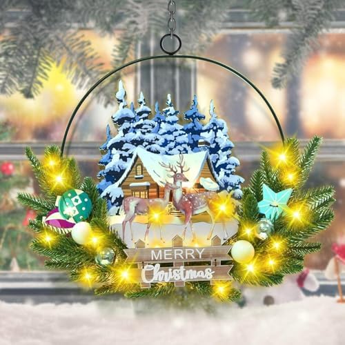 Pre-Lit Christmas Wreath for Front Door, Lighted Deer with 6H On/18H Off in Deer-warm White