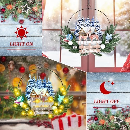 Pre-Lit Christmas Wreath for Front Door, Lighted Deer with 6H On/18H Off in Deer-warm White, alternate view 3