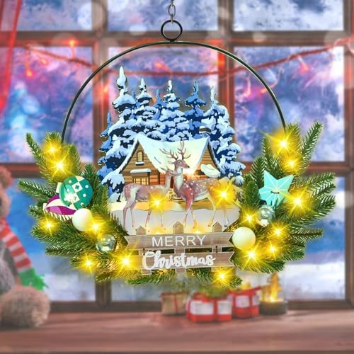 Pre-Lit Christmas Wreath for Front Door, Lighted Deer with 6H On/18H Off in Deer-warm White, alternate view 5