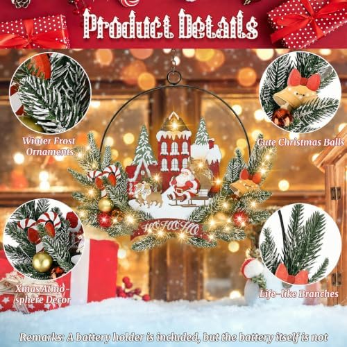 Pre-Lit Christmas Wreath for Front Door, Lighted Witch with 6H On/18H Off in Santa Claus-warm White, alternate view 4