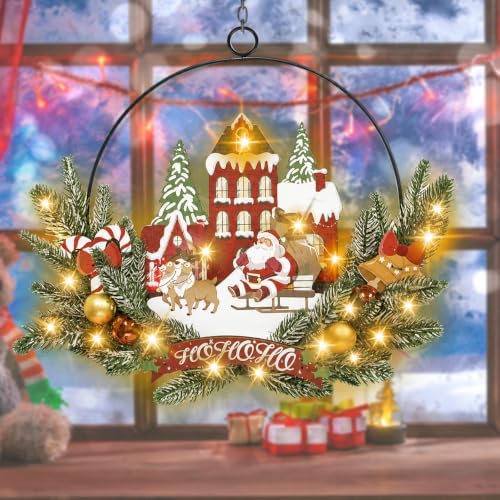 Pre-Lit Christmas Wreath for Front Door, Lighted Witch with 6H On/18H Off in Santa Claus-warm White, alternate view 5