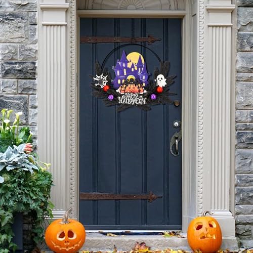Pre-Lit Halloween Wreath for Front Door, Lighted Spider with 6H On/18H Off in Spide, alternate view 4
