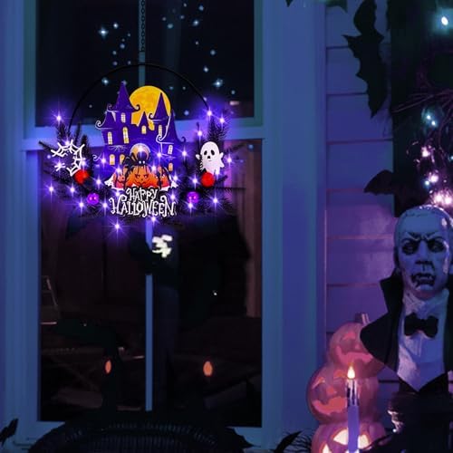 Pre-Lit Halloween Wreath for Front Door, Lighted Spider with 6H On/18H Off in Spide, alternate view 6