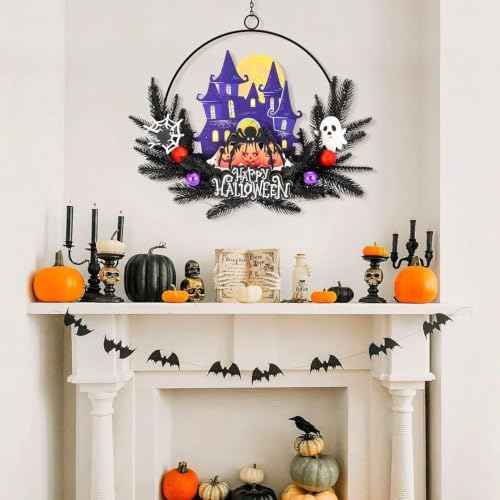 Pre-Lit Halloween Wreath for Front Door, Lighted Spider with 6H On/18H Off in Spide, alternate view 7
