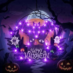 Pre-Lit Halloween Wreath for Front Door, Lighted Witch with 6H On/18H Off in Bat
