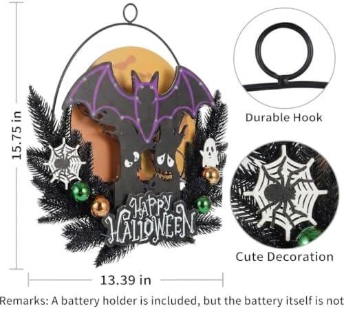 Pre-Lit Halloween Wreath for Front Door, Lighted Witch with 6H On/18H Off in Bat, alternate view 2