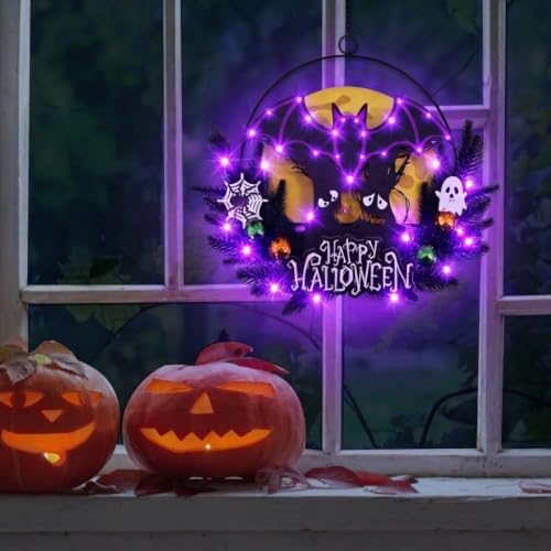 Pre-Lit Halloween Wreath for Front Door, Lighted Witch with 6H On/18H Off in Bat, alternate view 3