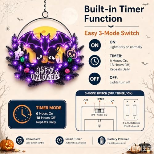 Pre-Lit Halloween Wreath for Front Door, Lighted Witch with 6H On/18H Off in Bat, alternate view 4