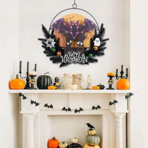Pre-Lit Halloween Wreath for Front Door, Lighted Witch with 6H On/18H Off in Bat, alternate view 5