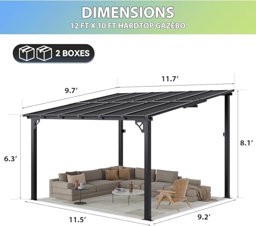 Premium Gazebo Aluminum Frame & Polycarbonate Panel, 12'x10', Black in Black, alternate view 2