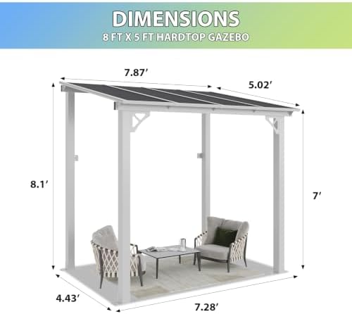 Premium Gazebo with Aluminum Frame & Polycarbonate Panel 8’x5’ White, alternate view 2