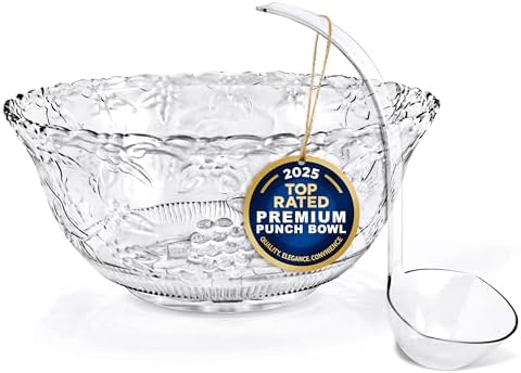 Premium Plastic Punch Bowl with Ladle, Fancy Disposable Punch Bowls for Parties, Holidays, Schools, Halloween