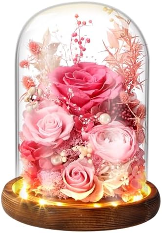 Premium Preserved Light with LED Light in Glass Dome - Long-Lasting Real Flower Gift for Women, Daughter, Mom