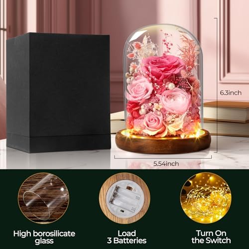 Premium Preserved Light with LED Light in Glass Dome - Long-Lasting Real Flower Gift for Women, Daughter, Mom, alternate view