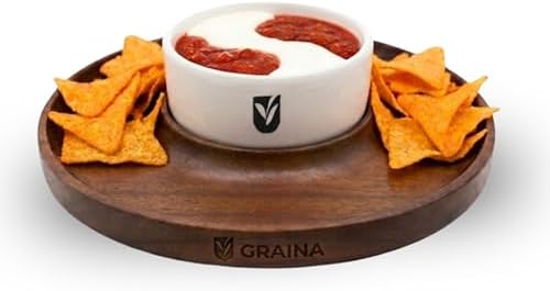 Premium Wooden Chip and Dip Serving Set - Dark Walnut Large Serving Tray with Ceramic Dip Bowl & 2 Wooden Spoons