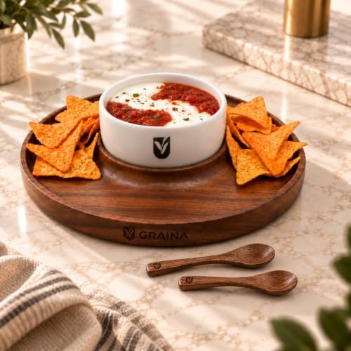 Premium Wooden Chip and Dip Serving Set - Dark Walnut Large Serving Tray with Ceramic Dip Bowl & 2 Wooden Spoons, alternate