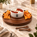 Premium Wooden Chip and Dip Serving Set - Dark Walnut Large Serving Tray with Ceramic Dip Bowl & 2 Wooden Spoons, alternate