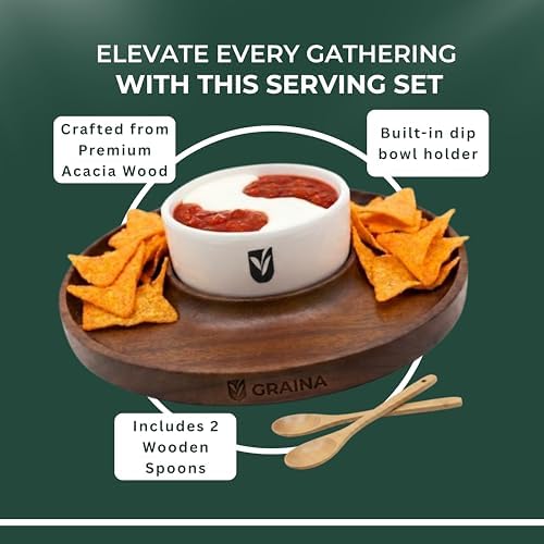 Premium Wooden Chip and Dip Serving Set - Dark Walnut Large Serving Tray with Ceramic Dip Bowl & 2 Wooden Spoons, alternate