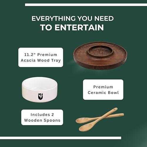 Premium Wooden Chip and Dip Serving Set - Dark Walnut Large Serving Tray with Ceramic Dip Bowl & 2 Wooden Spoons, alternate