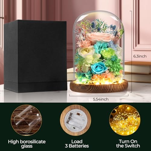 Preserved Real Roses with LED Light in Glass Dome, Perfect Long-Lasting Birthday Gifts for Women, Moms, alternate view 5