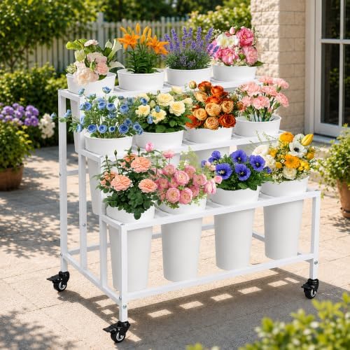 PROLEE Flower Display Stand with 12 Buckets, Flower Stand Metal with Wheels, Flower Cart 3 Layers, Flower Stand, alternate
