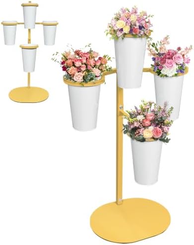 PROLEE Flower Display Stand with 4 Buckets, Flower Pot Stand, Flower Stand Metal, Florist Bouquet Shelf for