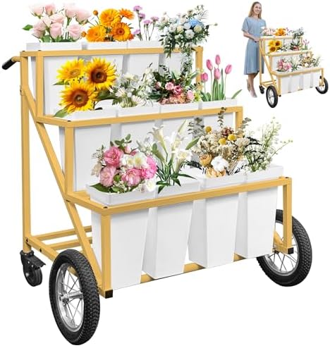 Prolee Flower Stand, Flower Cart with 12 Buckets, Flower Display Stand with Large Wheels, Flower Cart, Moving
