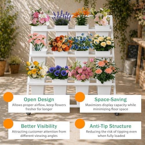 PROLEE Flower Stand with 12 Buckets, Flower Display Stand with Wheels, Flower Cart, Moving Florist Bouquet, alternate view 5