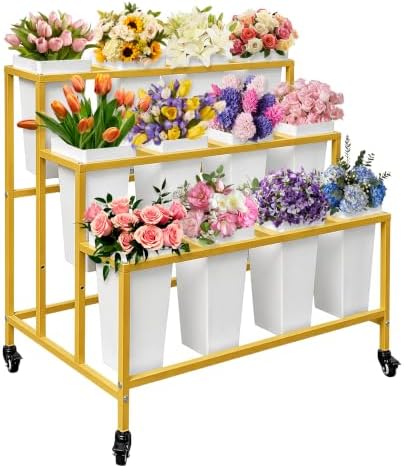 PROLEE Flower Stand with 12 Buckets, Flower Display Stand with Wheels, Moving Florist Bouquet Shelf for Wedding