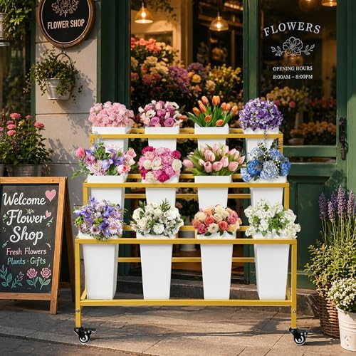 PROLEE Flower Stand with 12 Buckets, Flower Display Stand with Wheels, Moving Florist Bouquet Shelf for Wedding, alternate