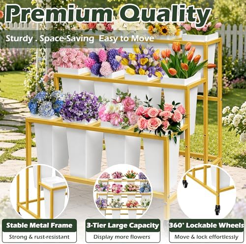PROLEE Flower Stand with 12 Buckets, Flower Display Stand with Wheels, Moving Florist Bouquet Shelf for Wedding, alternate