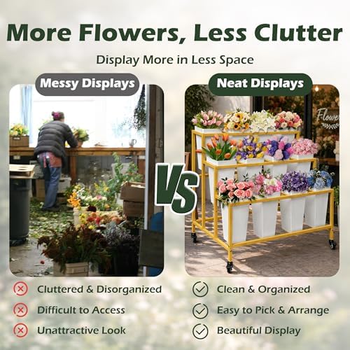 PROLEE Flower Stand with 12 Buckets, Flower Display Stand with Wheels, Moving Florist Bouquet Shelf for Wedding, alternate