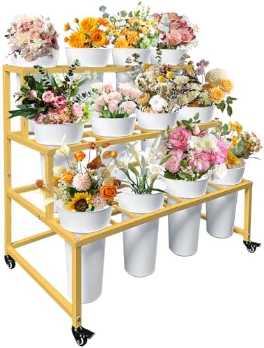 PROLEE Flower Stand with 12 Round Buckets, Flower Display Stand with Wheels, Moving Florist Bouquet Shelf for