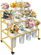 PROLEE Flower Stand with 12 Round Buckets, Flower Display Stand with Wheels, Moving Florist Bouquet Shelf for