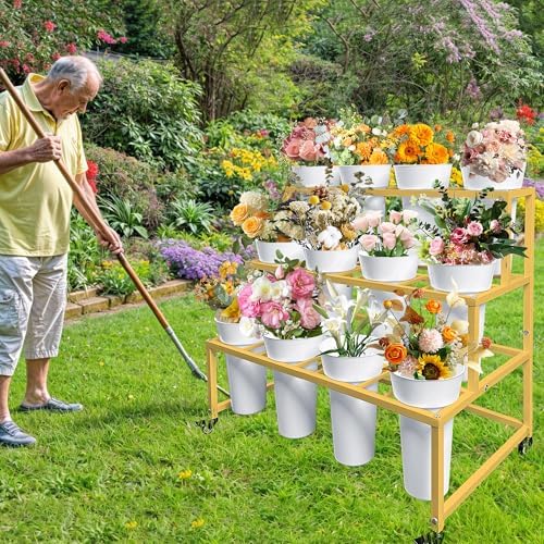PROLEE Flower Stand with 12 Round Buckets, Flower Display Stand with Wheels, Moving Florist Bouquet Shelf for, alternate view